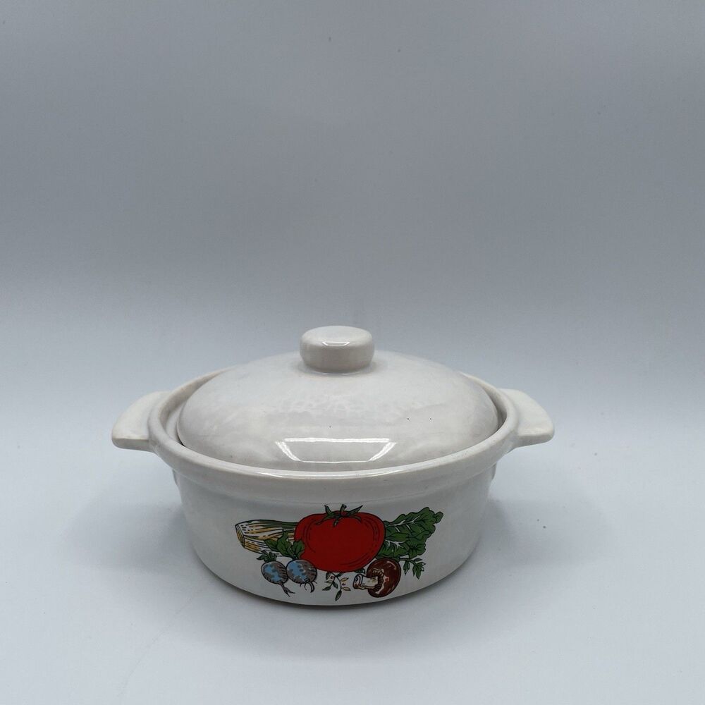 Small Vintage Ceramic Crock Lid Vegetable Print Covered Soup Bowl Granny Retro